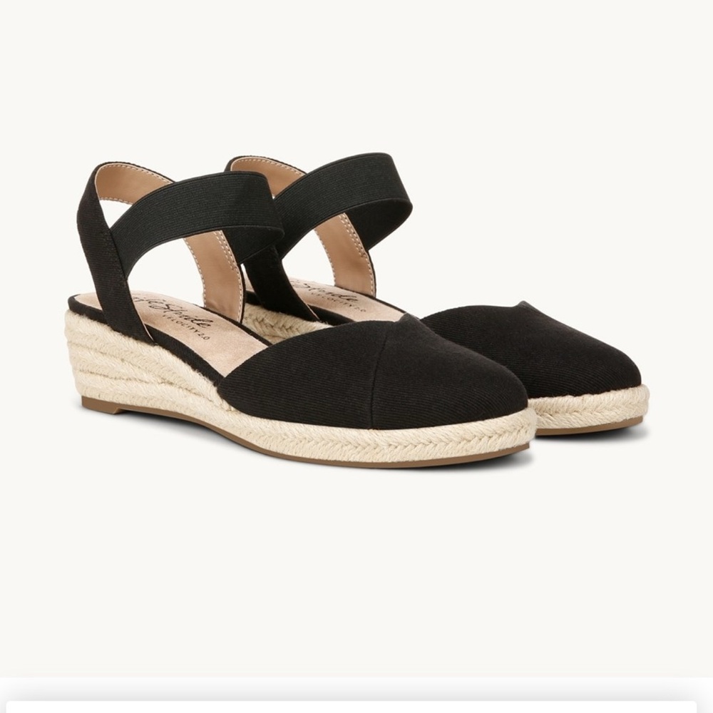 Life Stride Black and Tan Espadrille Wedges